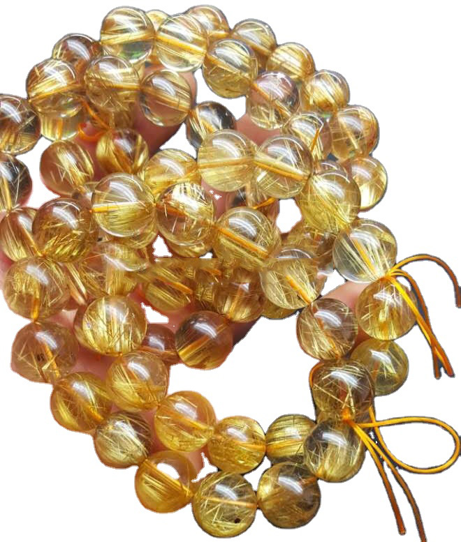 Bracciale con perline rotonde piatte in quarzo rutilato dorato naturale, circa AAA 17