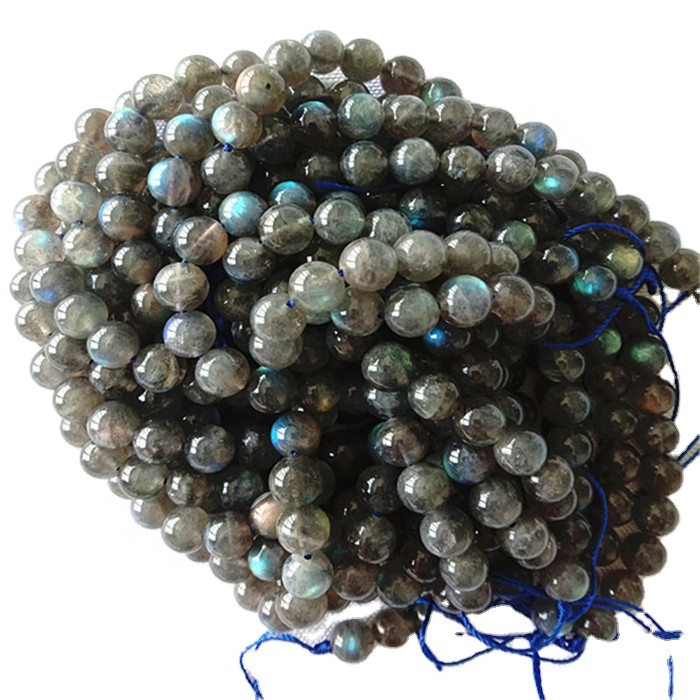 Cuentas de forma redonda de labradorita natural Cuerdas de piedras preciosas lisas y grises 15
