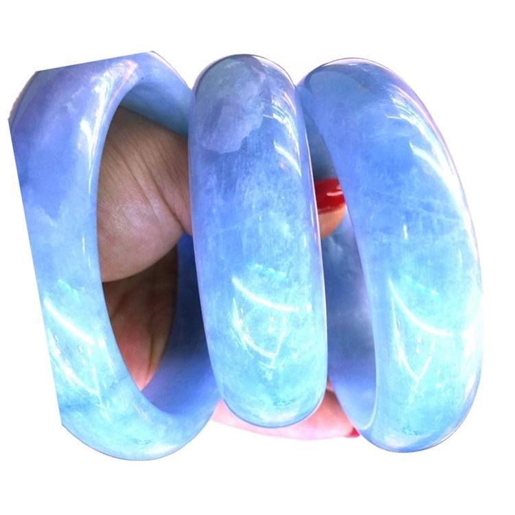 Cel mai mare piatră de piatră prețioasă Lapte Aquamarine Bijuterii Bijuterii 52-64mm Solid natural Aquamarine Bangle Blue cuarț Crystal Round Brățară 17