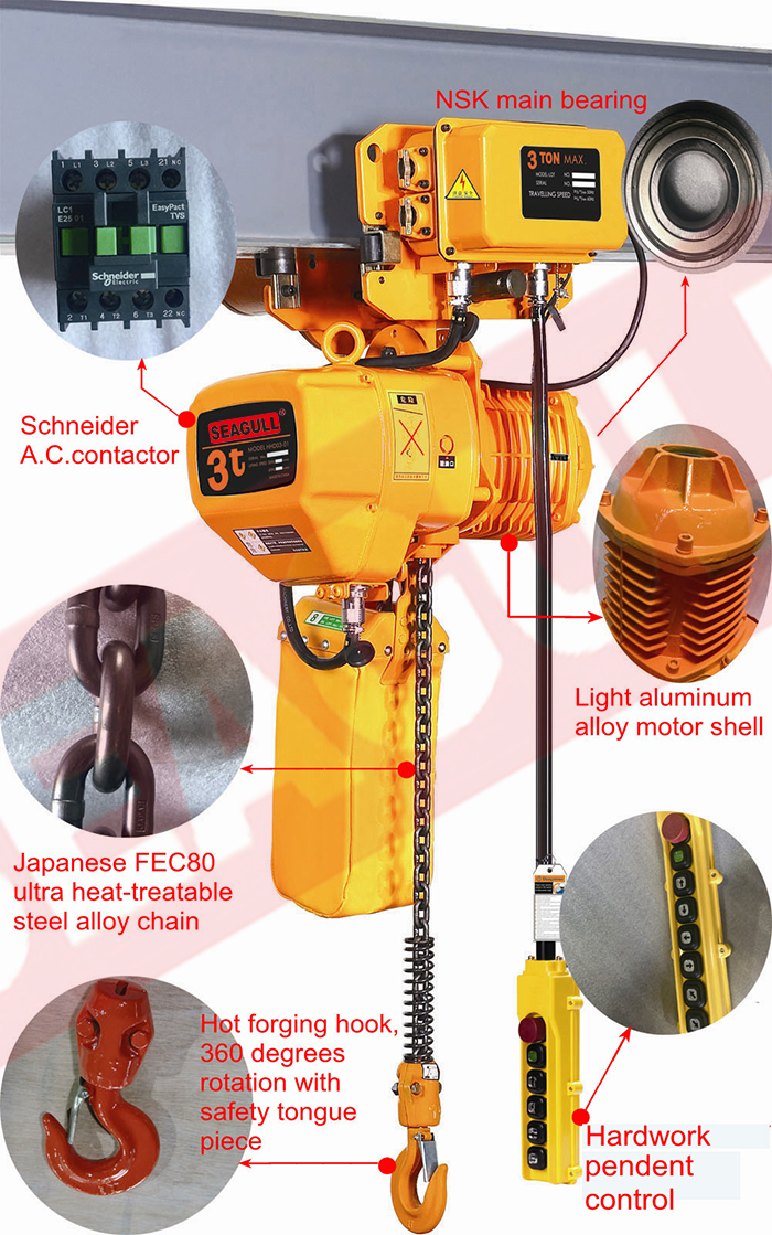 Seagull Lifting Equipment 0.5t 1t 2t 3t 5t 7.5t10t 15t 20t 30t Electric Crane Chain Hoist with Electric Trolley/hook 11