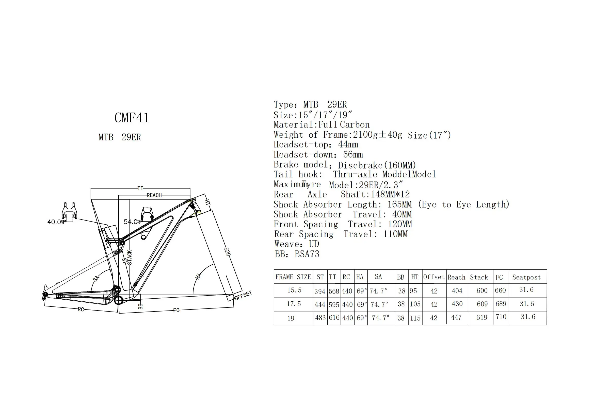Disc brake full suspension XC bike frame 29er thru-axle model internal routing 15.5/17.519 carbon fiber bicycle frame 8