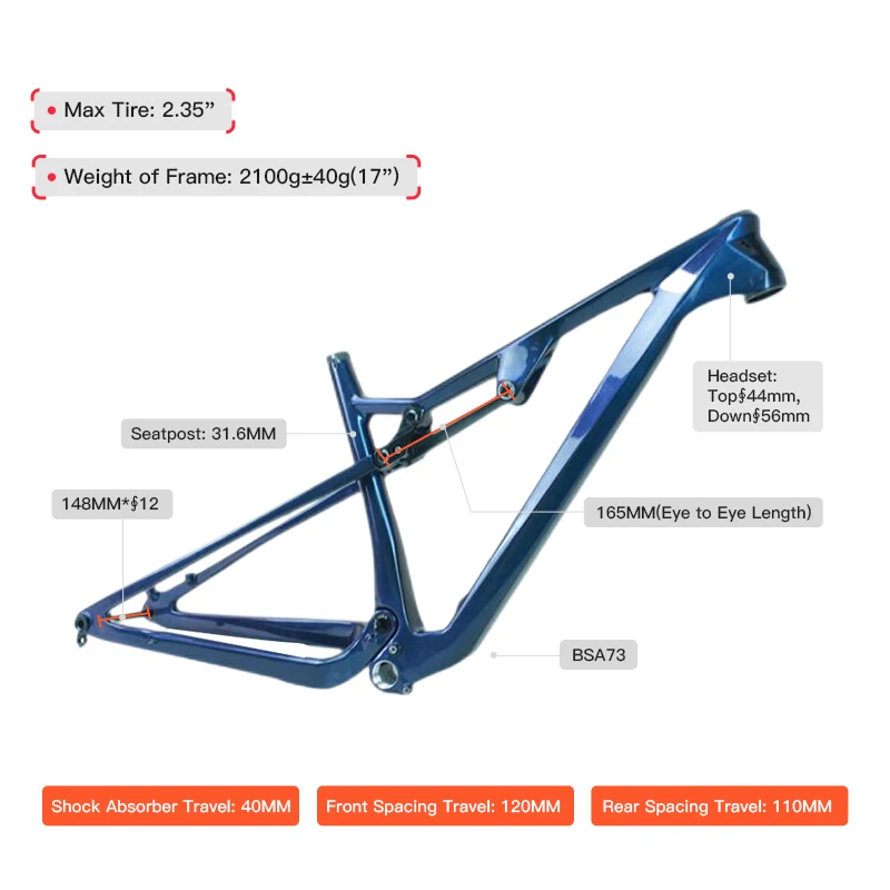 Hot Sale! T800 Carbon Enduro Frame – Full Suspension, Internal Cable, 12x148mm Thru-Axle, Custom Build, Matte Black 14