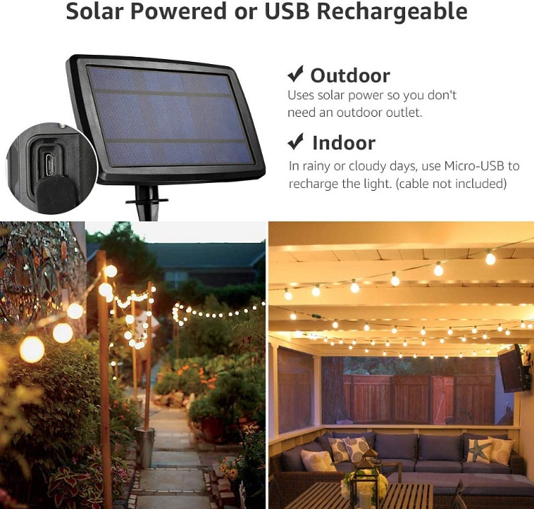 Filament solar de vânzare fierbinte G40 festooning Lumină alb cald LED Ghirlandă lumini de Crăciun IP65 șir de iluminat de sărbători 15