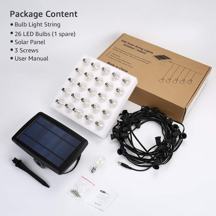 Filament solar de vânzare fierbinte G40 festooning Lumină alb cald LED Ghirlandă lumini de Crăciun IP65 șir de iluminat de sărbători 13