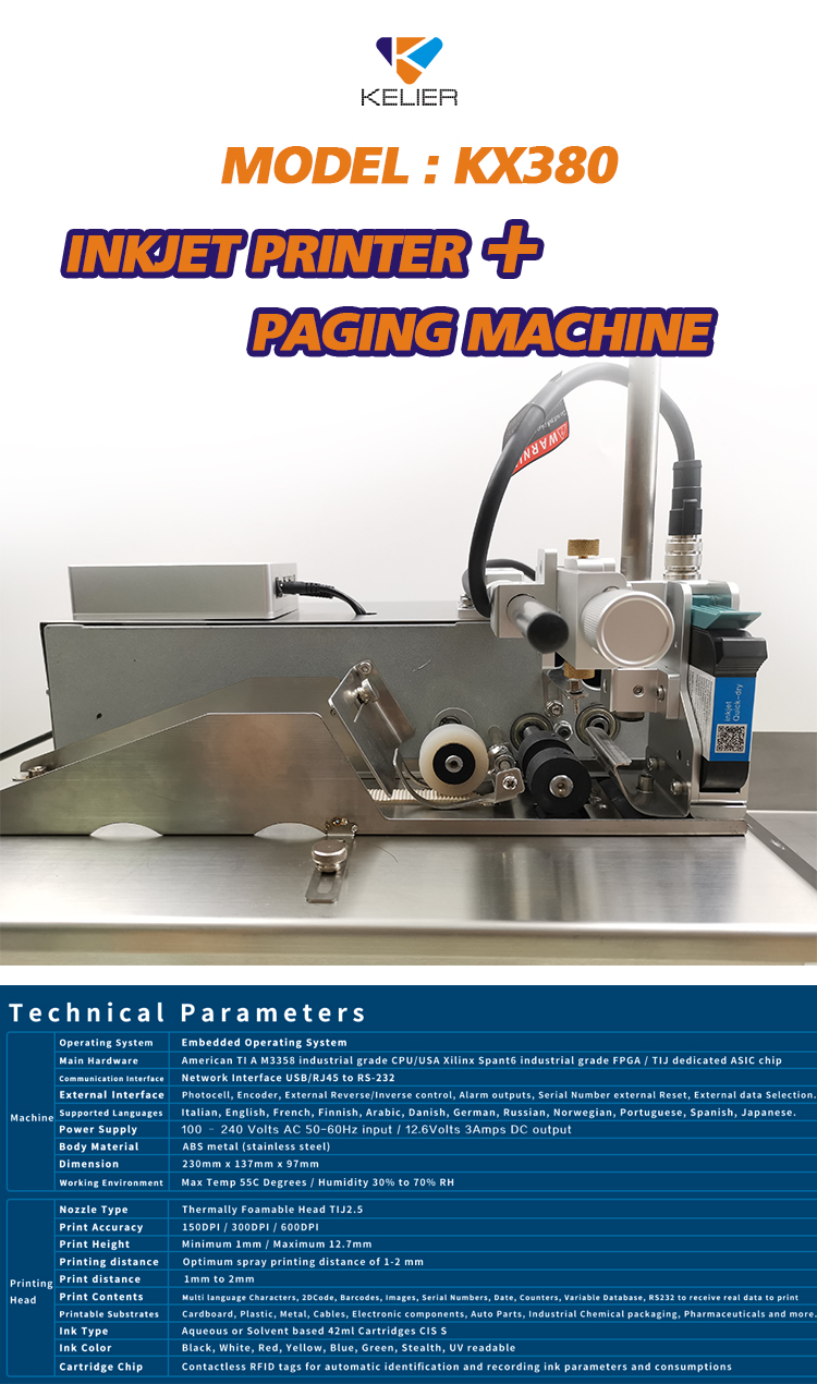 KX380 online inkjet printer For small packaging printing with paging machine - Kelier 8