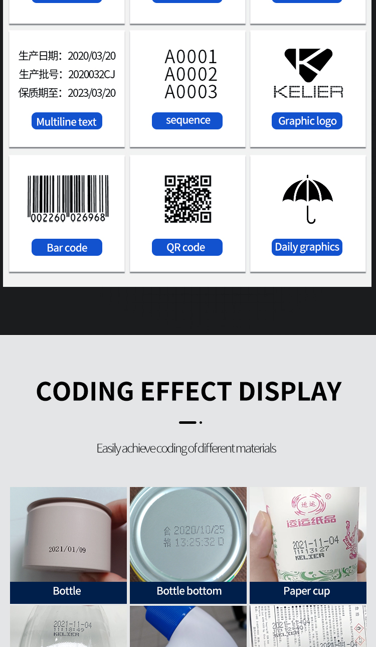 Kelier - Kelier tij 25 qr code barcode variable date inkjet coder bottle carton logo food industry coding printer Online Inkjet Printer 11