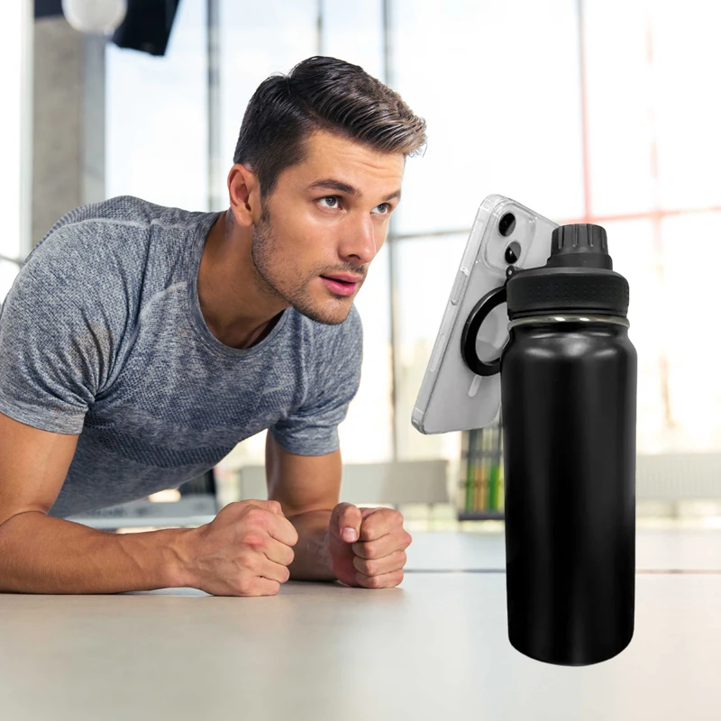 2024 New Gym Magnetic Water Bottle Phone Holder Vacuum Stainless Steel Sports Water Bottle With Magnet Cell Phone Mount Stand 18