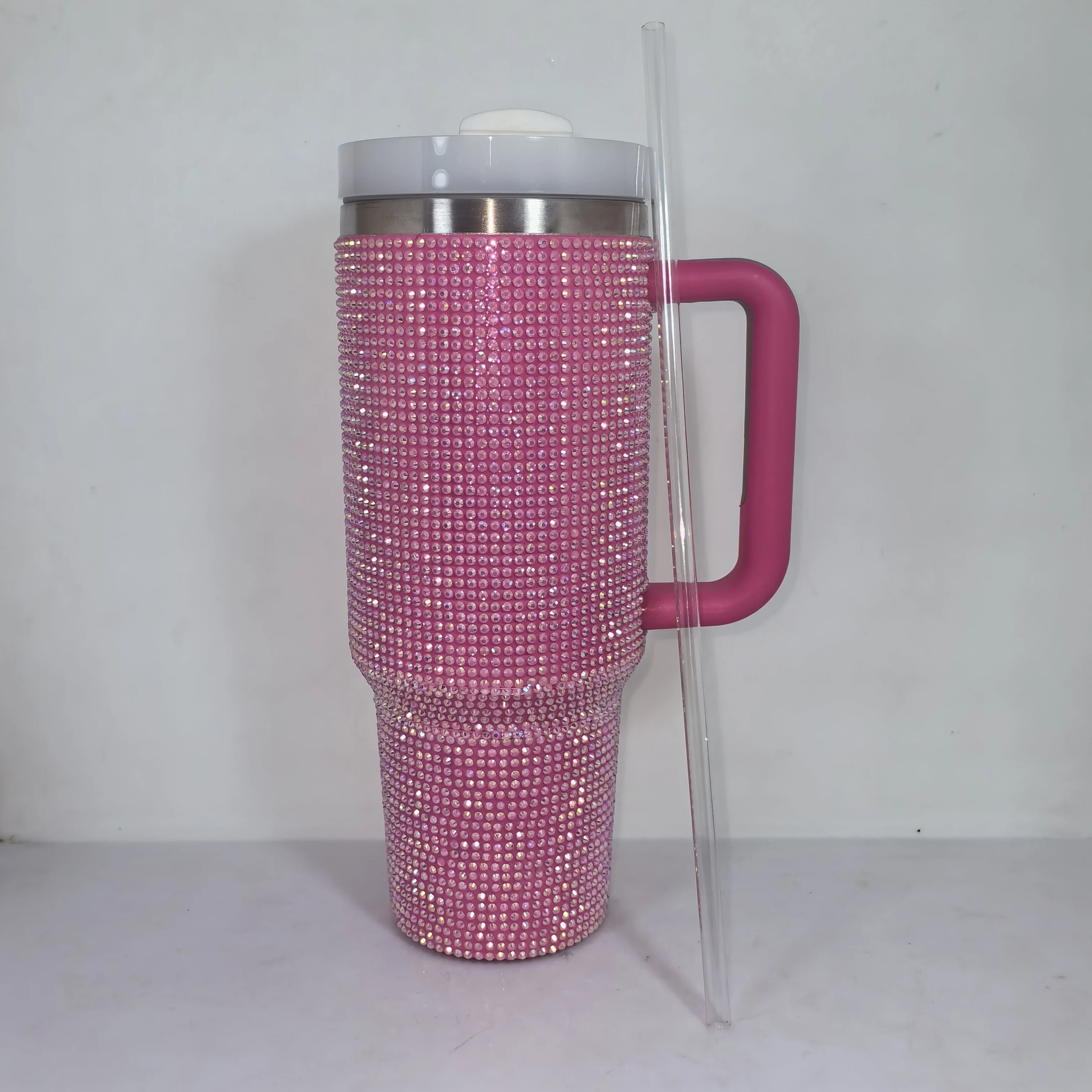 Vaso frío caliente de acero inoxidable con estampado de vaca, termo de doble pared con diamantes de imitación ostentosos de 40oz con mango 11