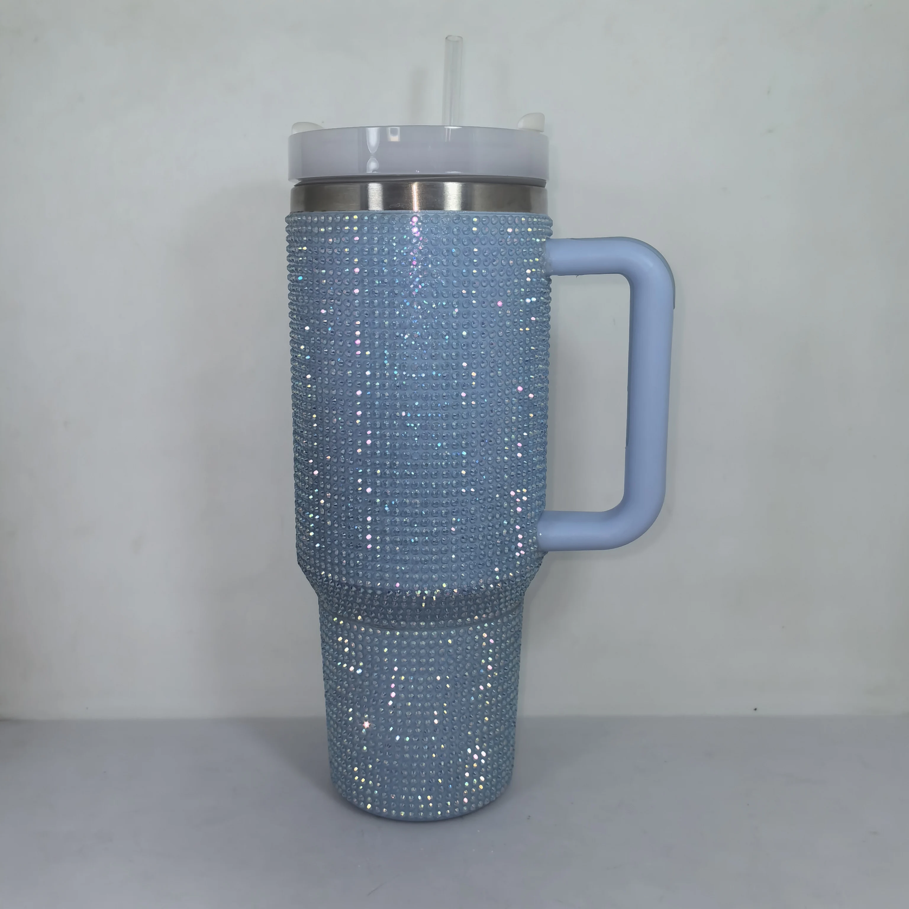 Vaso frío caliente de acero inoxidable con estampado de vaca, termo de doble pared con diamantes de imitación ostentosos de 40oz con mango 12