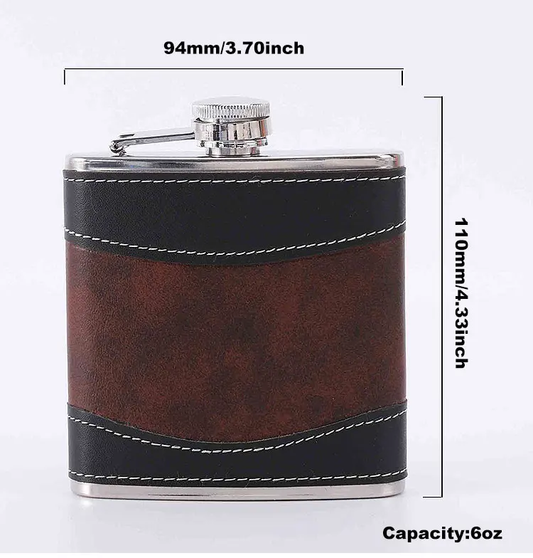 Factory Wholesale 6 7 8 oz Splicing Leather Cover Creative Liquor Alcohol Pocket Flask Stainless Steel Leather Hip Flask