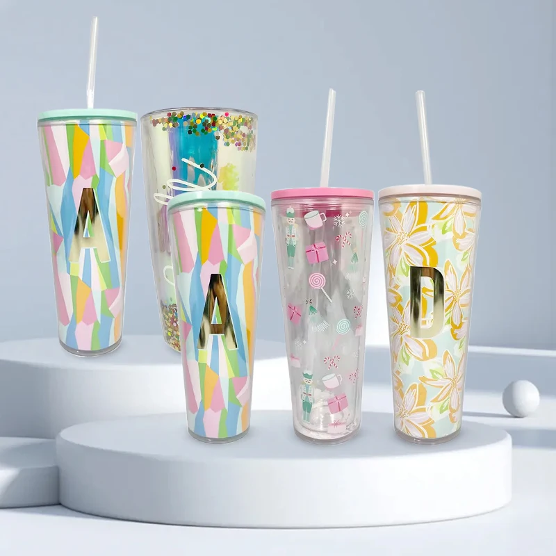 لون مخصص أزياء صديقة للبيئة القش كوب ماء بلاستيكي البهلوانات القش البلاستيكية تخصيص زجاجة ماء بلاستيكية 11