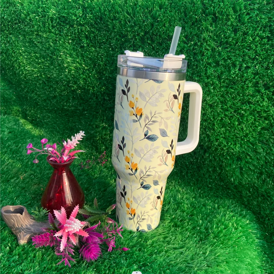 تصميم جديد معزول أكواب السفر الفولاذ المقاوم للصدأ بهلوان الأبيض الأوركيد 40 أوقية بهلوان مع مقبض 9