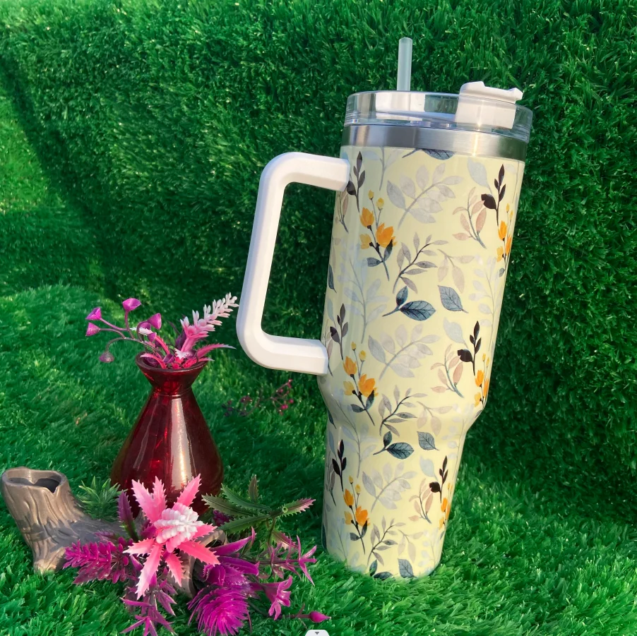 تصميم جديد معزول أكواب السفر الفولاذ المقاوم للصدأ بهلوان الأبيض الأوركيد 40 أوقية بهلوان مع مقبض 8