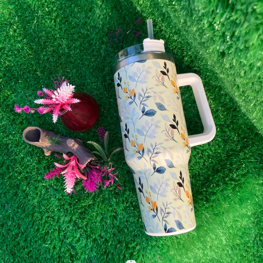 تصميم جديد معزول أكواب السفر الفولاذ المقاوم للصدأ بهلوان الأبيض الأوركيد 40 أوقية بهلوان مع مقبض 10