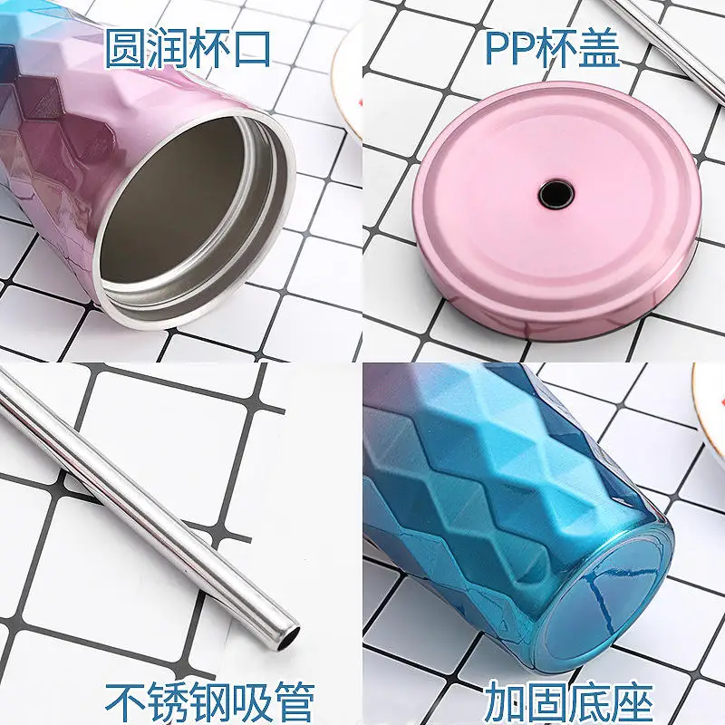 كوب ملون من القش مع كوب معزول من الفولاذ المقاوم للصدأ 304 وقش من الداخل والخارج 12