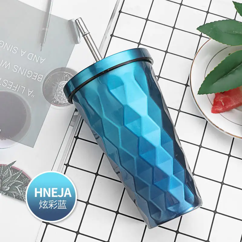 كوب ملون من القش مع كوب معزول من الفولاذ المقاوم للصدأ 304 وقش من الداخل والخارج 15