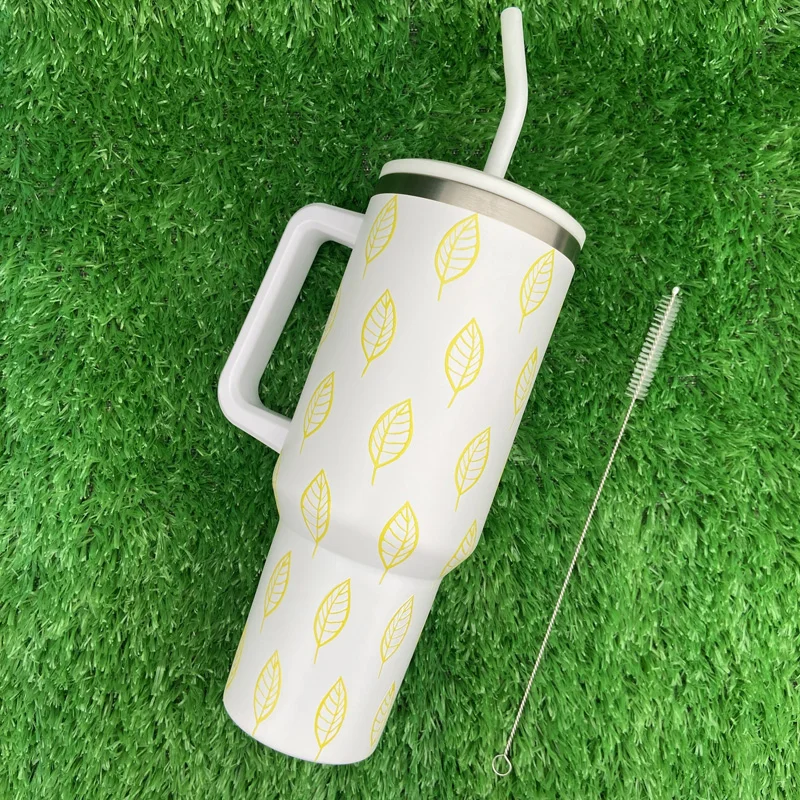 كوب جديد من الورق الذهبي والأزرق على الجدران سعة 40 أونصة من الفولاذ المقاوم للصدأ معزول مع غطاء وقش 14