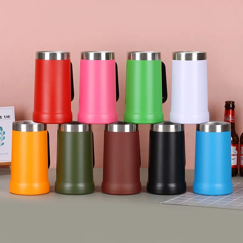 كوب بيرة ستاين معزول معدني سعة 24 أونصة مزود بمقبض وغطاء يحافظ على المشروبات باردة بالثلج 16