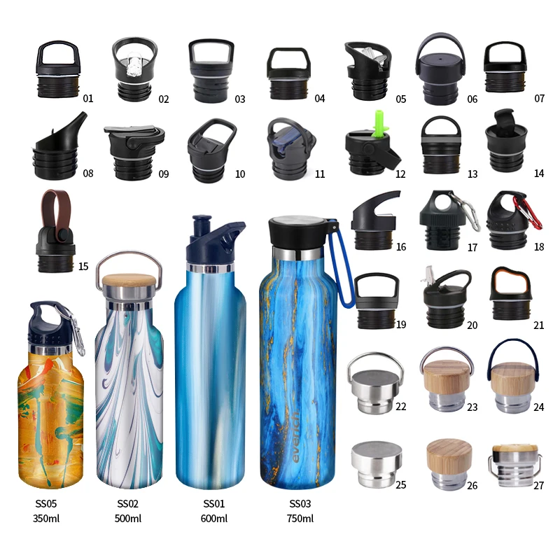 شعار مخصص ولون معزول زجاجة مياه رياضية واسعة الفم من الفولاذ المقاوم للصدأ مع أغطية وقش 8