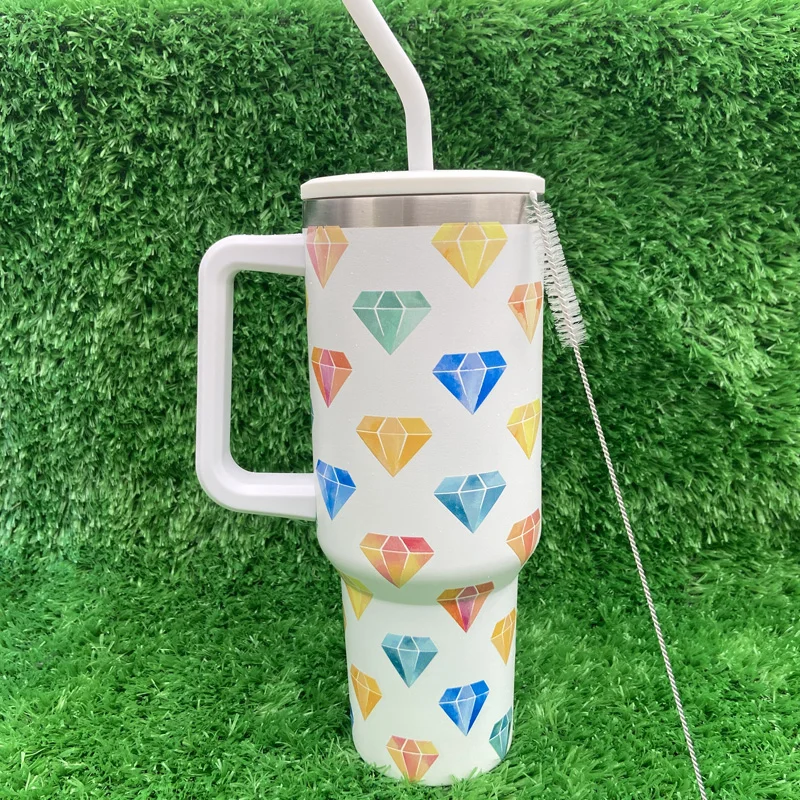 40 أوقية الماس نمط سلسلة 304 الفولاذ المقاوم للصدأ فراغ معزول بهلوان مع مقبض وغطاء القش 12