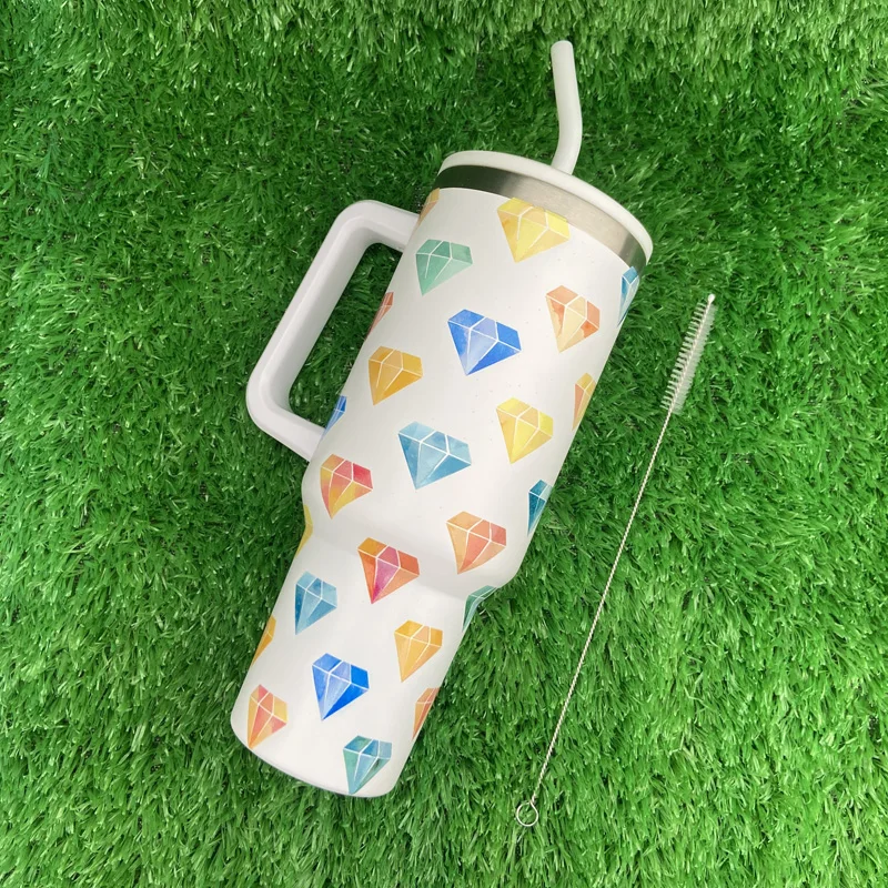 40 أوقية الماس نمط سلسلة 304 الفولاذ المقاوم للصدأ فراغ معزول بهلوان مع مقبض وغطاء القش 11