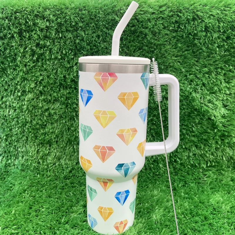 40 أوقية الماس نمط سلسلة 304 الفولاذ المقاوم للصدأ فراغ معزول بهلوان مع مقبض وغطاء القش 13