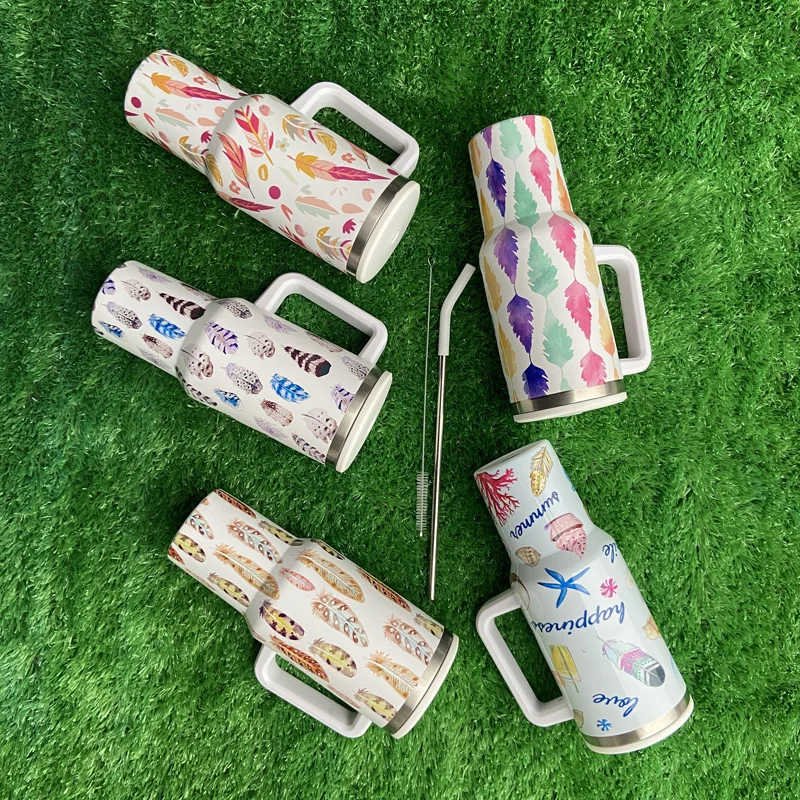 حار بيع نمط الريشة سلسلة 40 أوقية الفولاذ المقاوم للصدأ جدار مزدوج معزول بهلوان مع غطاء القش 17