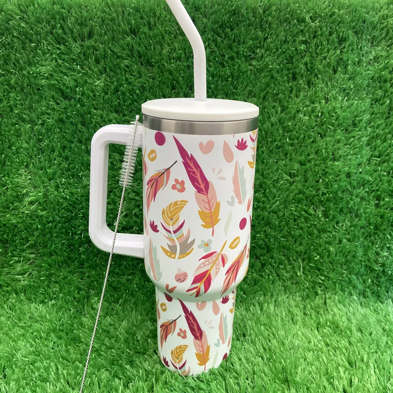 حار بيع نمط الريشة سلسلة 40 أوقية الفولاذ المقاوم للصدأ جدار مزدوج معزول بهلوان مع غطاء القش 12