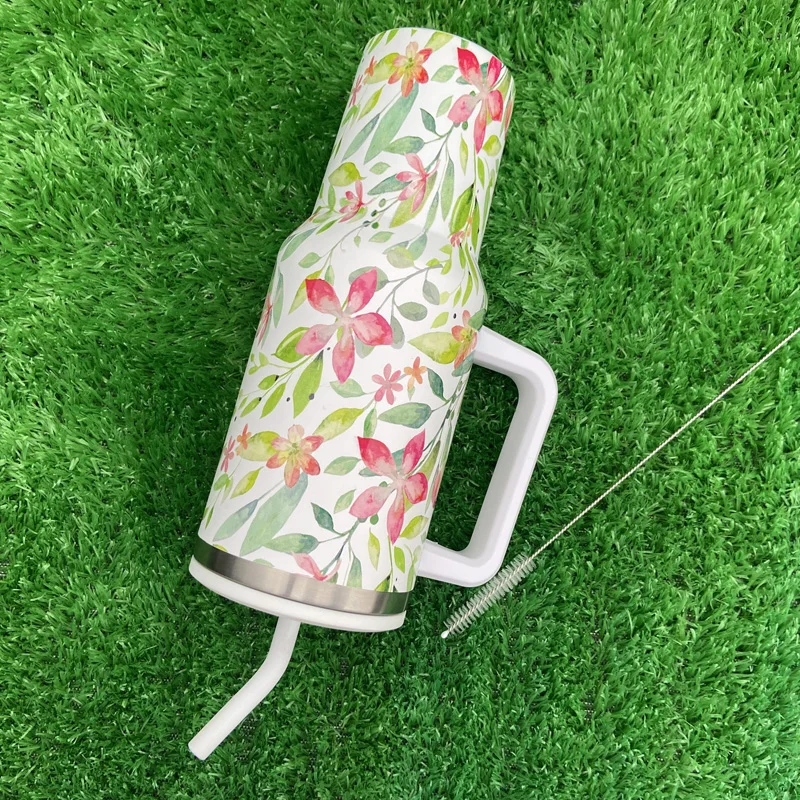 كوب التسامي من سلسلة الزهور من الفولاذ المقاوم للصدأ عالي الجودة بسعة 40 أونصة مع مقبض وغطاء من القش 13