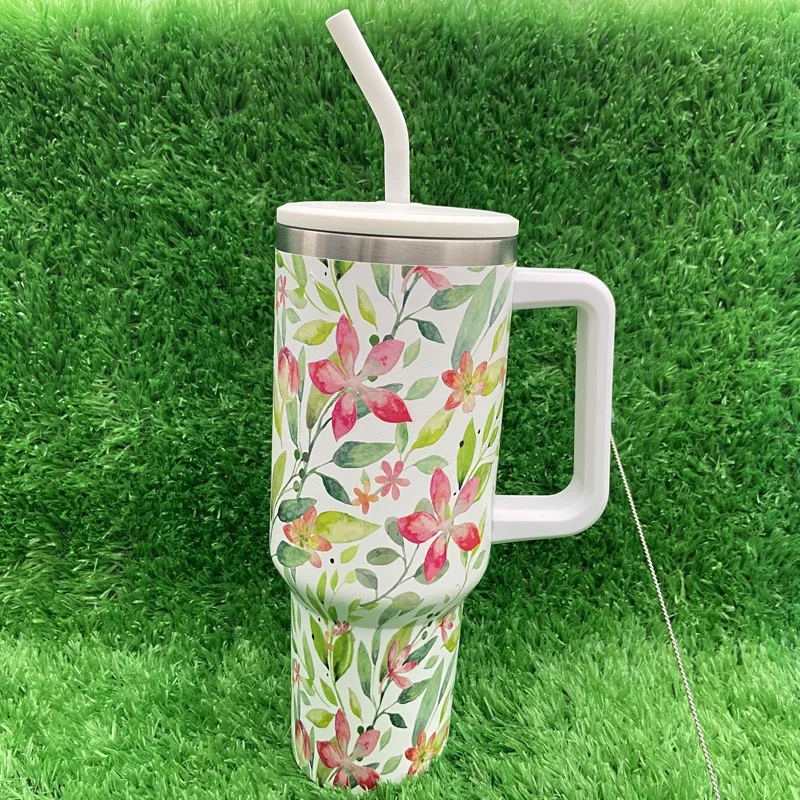 كوب التسامي من سلسلة الزهور من الفولاذ المقاوم للصدأ عالي الجودة بسعة 40 أونصة مع مقبض وغطاء من القش 12