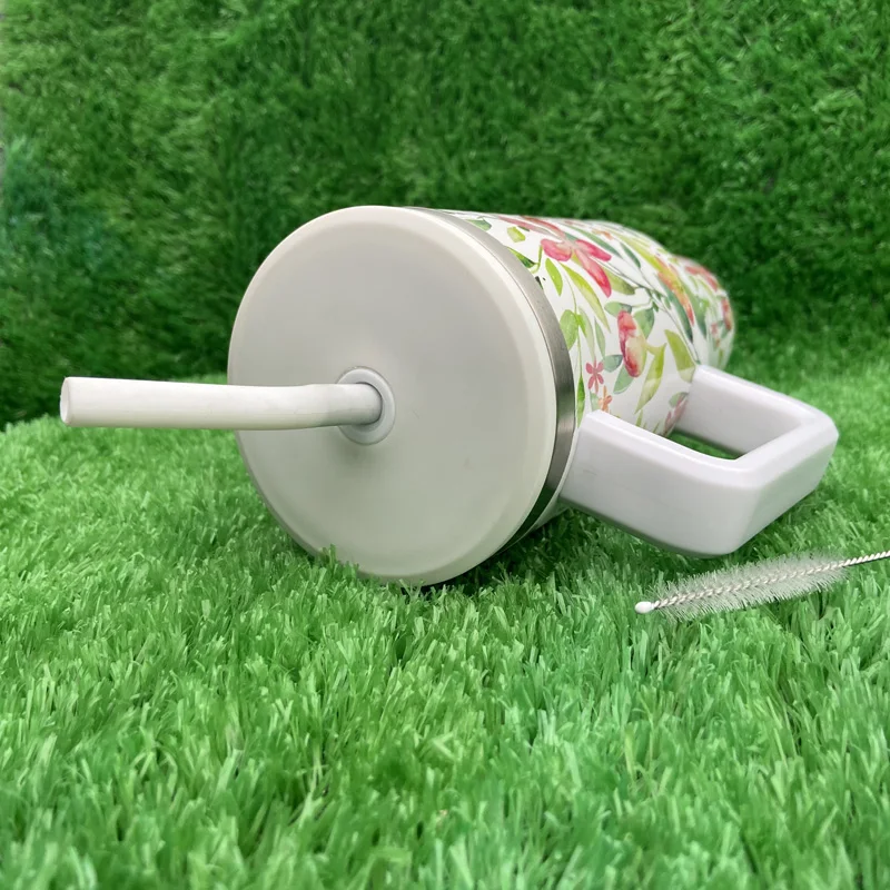 كوب التسامي من سلسلة الزهور من الفولاذ المقاوم للصدأ عالي الجودة بسعة 40 أونصة مع مقبض وغطاء من القش 14