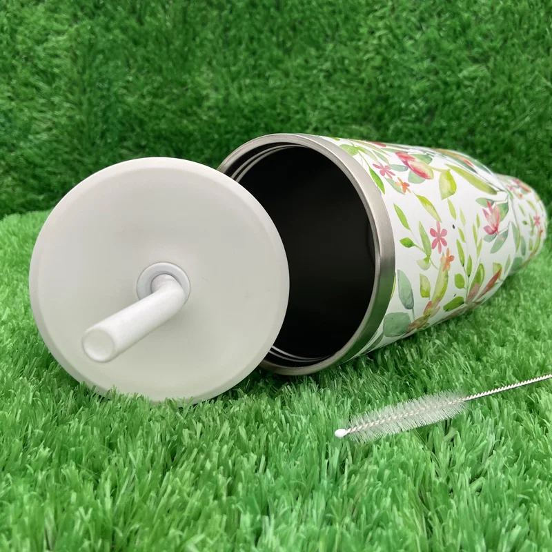 كوب التسامي من سلسلة الزهور من الفولاذ المقاوم للصدأ عالي الجودة بسعة 40 أونصة مع مقبض وغطاء من القش 15