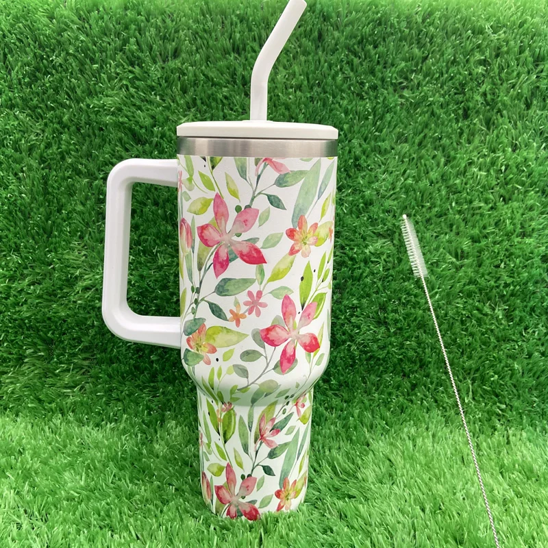 كوب التسامي من سلسلة الزهور من الفولاذ المقاوم للصدأ عالي الجودة بسعة 40 أونصة مع مقبض وغطاء من القش 11