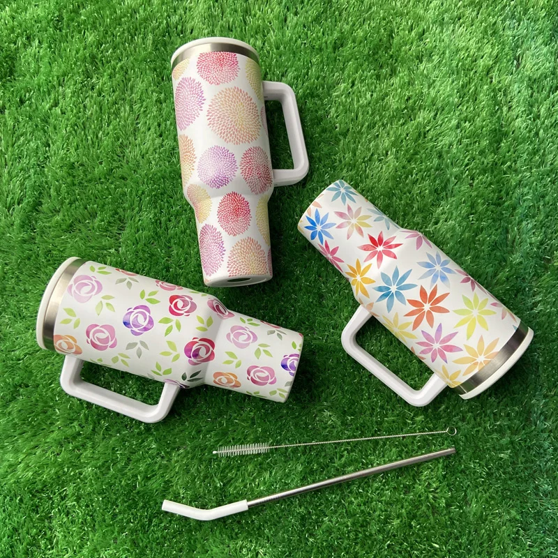 جديد وصول ورقة الألعاب النارية الطباعة الفولاذ المقاوم للصدأ التسامي السفر بهلوان مع مقبض وغطاء القش 16