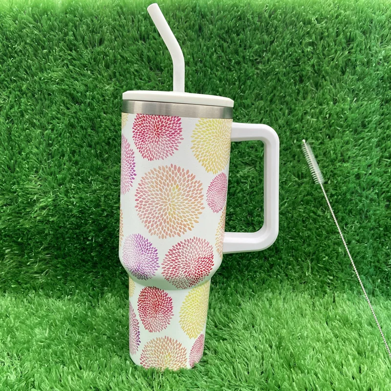 جديد وصول ورقة الألعاب النارية الطباعة الفولاذ المقاوم للصدأ التسامي السفر بهلوان مع مقبض وغطاء القش 11