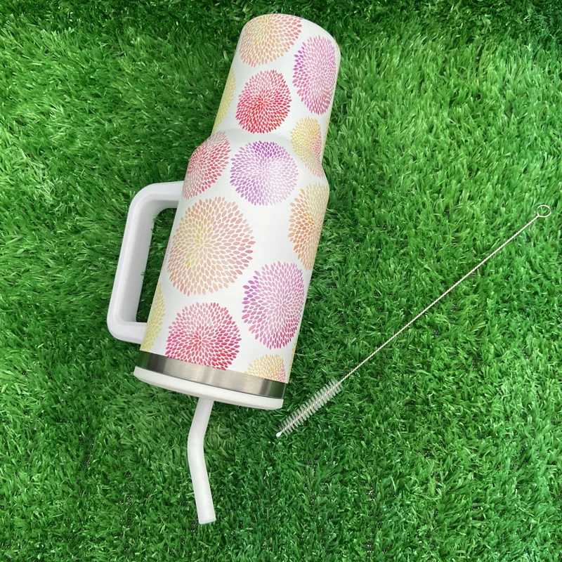 جديد وصول ورقة الألعاب النارية الطباعة الفولاذ المقاوم للصدأ التسامي السفر بهلوان مع مقبض وغطاء القش 13