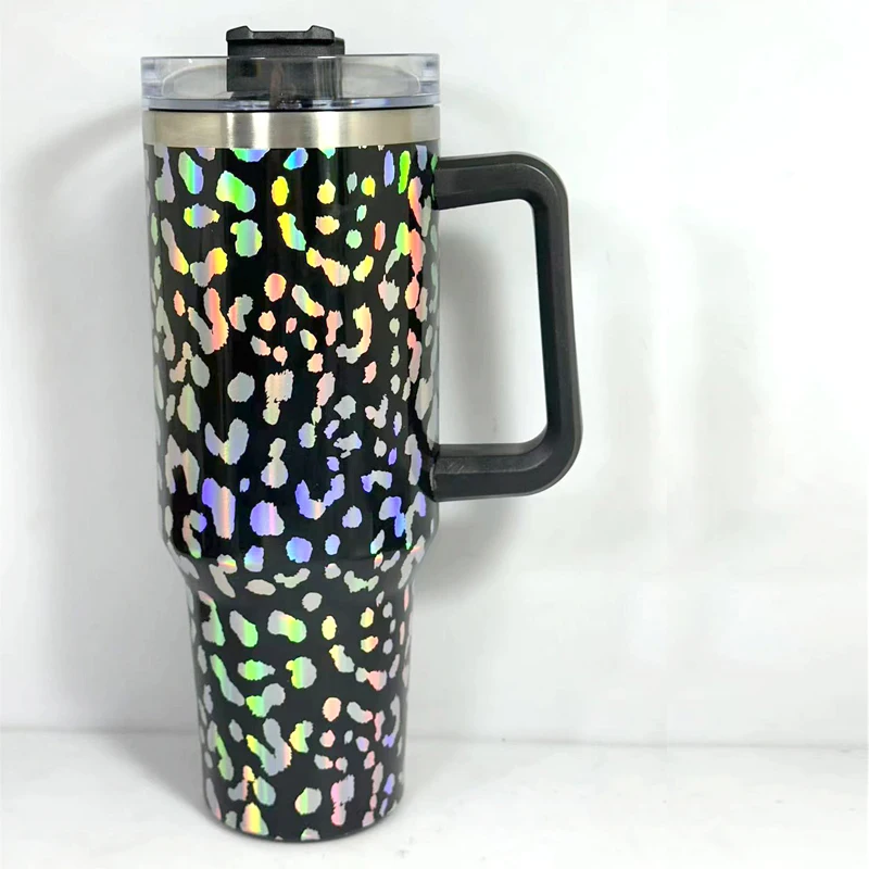 كوب تصعيد معزول من الفولاذ المقاوم للصدأ مزدوج الجدار بطبعة الفهد سعة 40 أونصة مع قش ومقبض 14