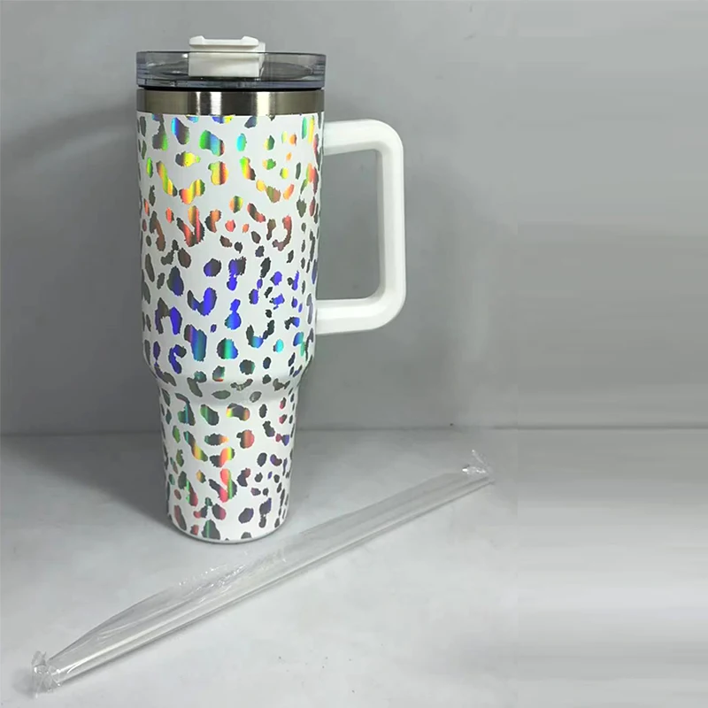 كوب تصعيد معزول من الفولاذ المقاوم للصدأ مزدوج الجدار بطبعة الفهد سعة 40 أونصة مع قش ومقبض 9