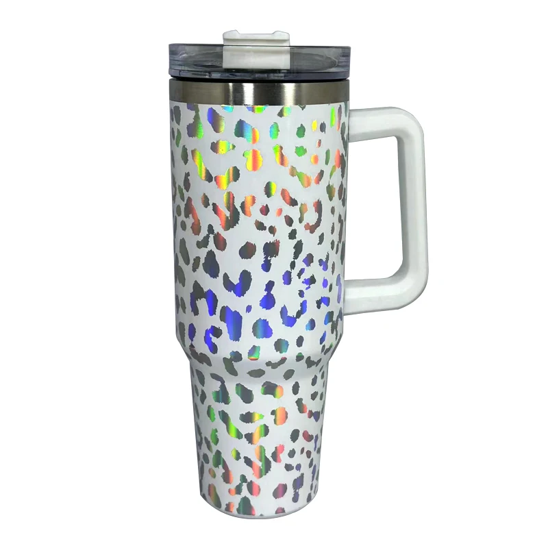 كوب تصعيد معزول من الفولاذ المقاوم للصدأ مزدوج الجدار بطبعة الفهد سعة 40 أونصة مع قش ومقبض 8