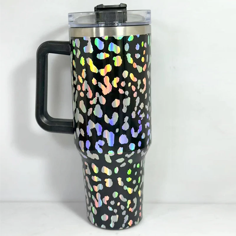 كوب تصعيد معزول من الفولاذ المقاوم للصدأ مزدوج الجدار بطبعة الفهد سعة 40 أونصة مع قش ومقبض 12