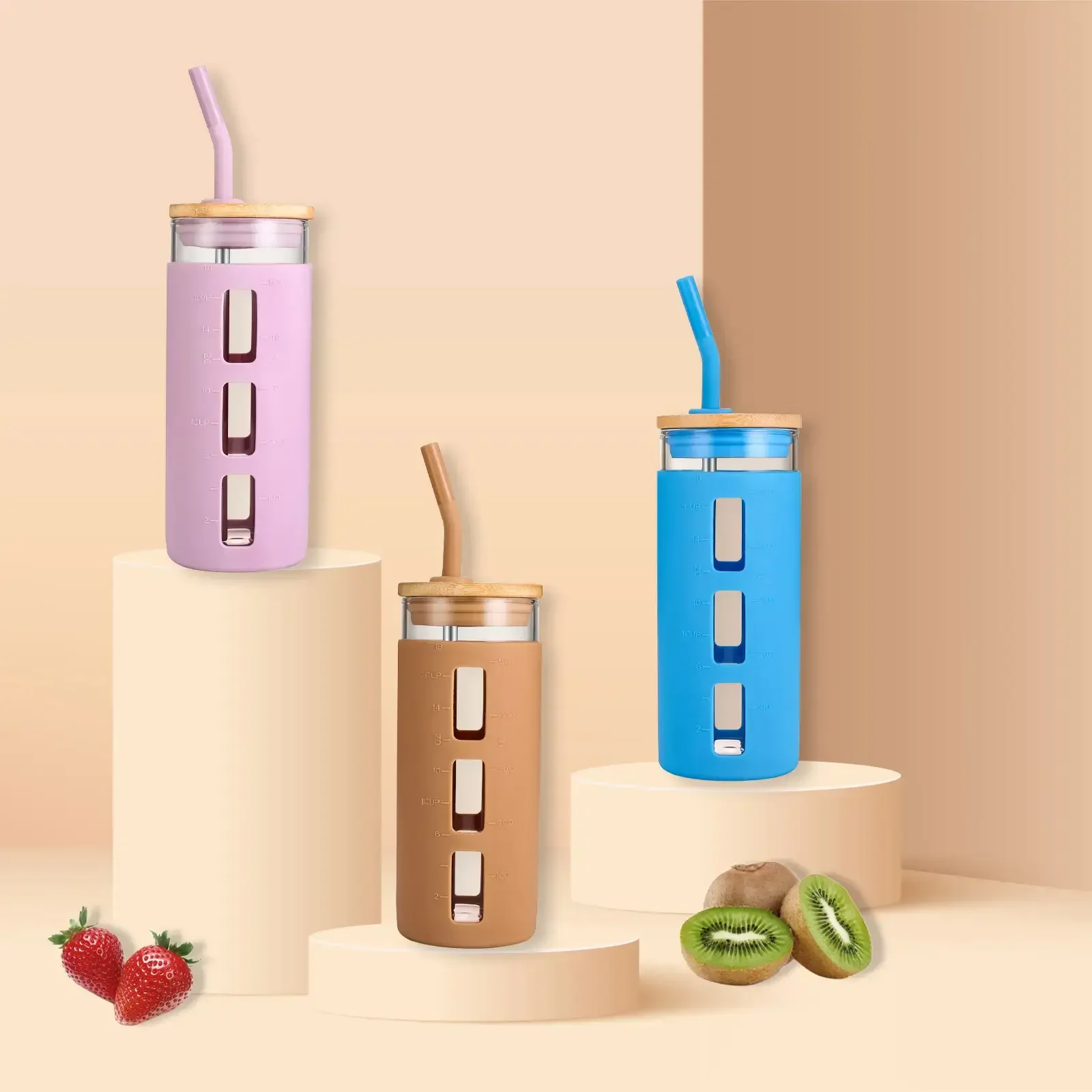 صديقة للبيئة 24oz الشاي القهوة كوب حليب زجاج زجاجة ماء سيليكون واقية الأكمام غطاء من الخيزران القش الزجاج بهلوان 7