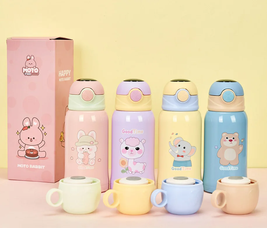 Botellas de agua térmicas de acero inoxidable con aislamiento reutilizable, portátiles, respetuosas con el medio ambiente, 500ml, 316, con pajita, para la escuela de niños 15