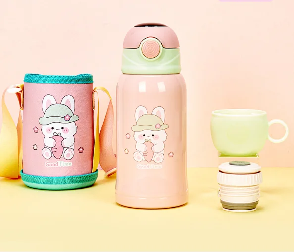 Botellas de agua térmicas de acero inoxidable con aislamiento reutilizable, portátiles, respetuosas con el medio ambiente, 500ml, 316, con pajita, para la escuela de niños 12