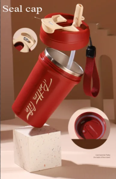 الجملة الجديدة تصميم فريد من نوعه الفولاذ المقاوم للصدأ جدار مزدوج فراغ القهوة بهلوان مع غطاء والقش 10