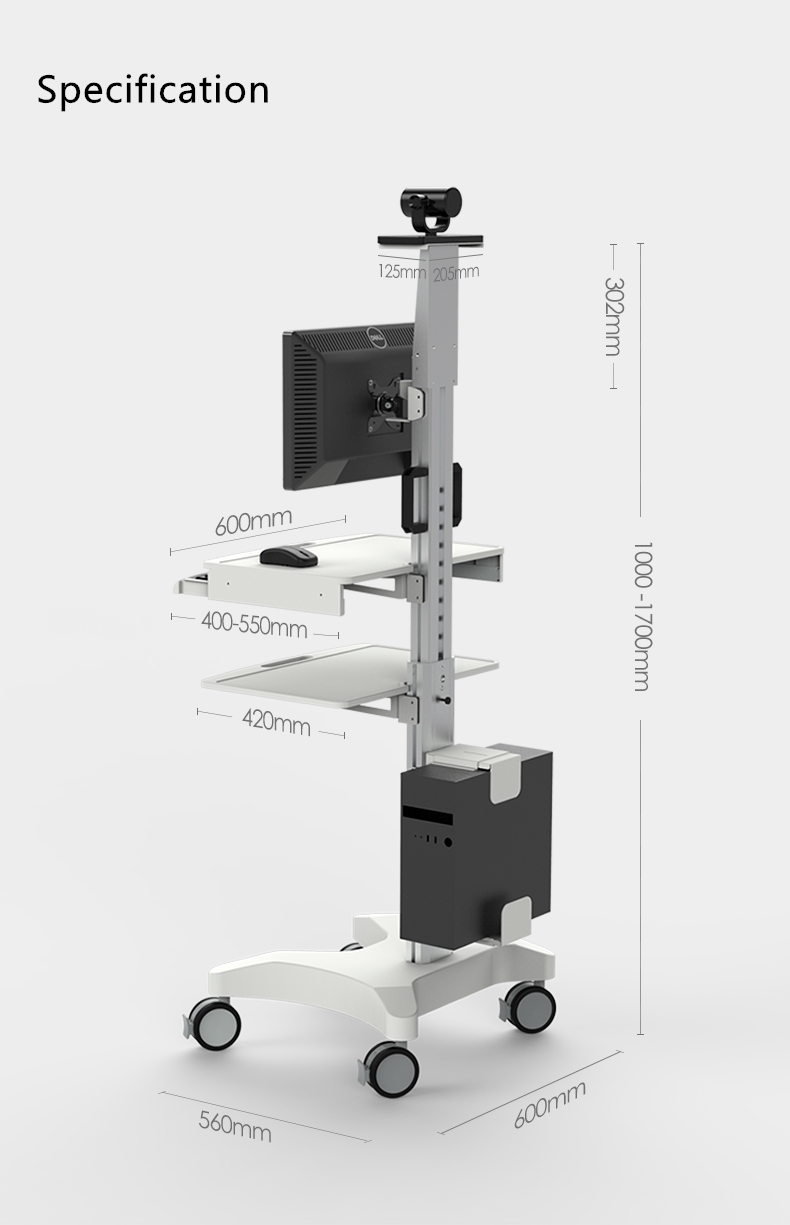 Height Adjustable Hospital Mobile Computer Cart Medical Monitor Cart-Peacemounts PM-H1 40