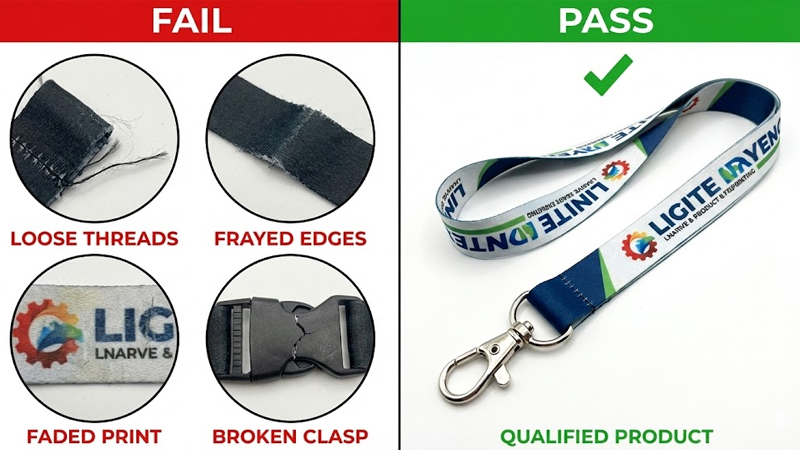 Pass vs fail lanyards showing stitching defects, hardware cracks, and faded printing