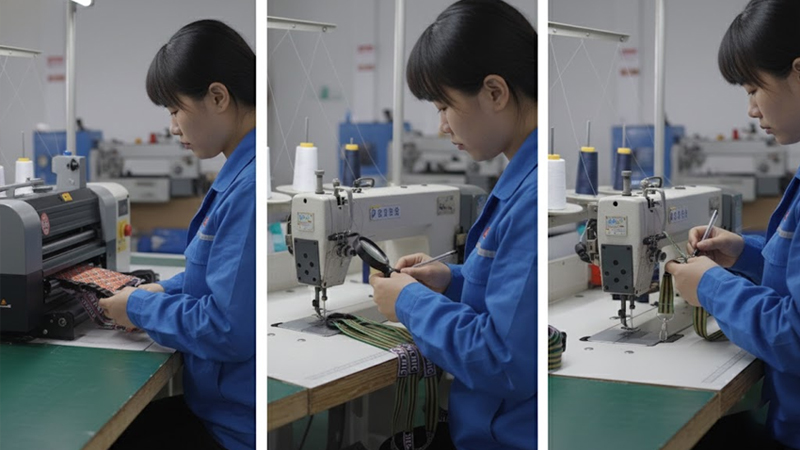 In-line inspection during lanyard production checking printing alignment and stitching consistency