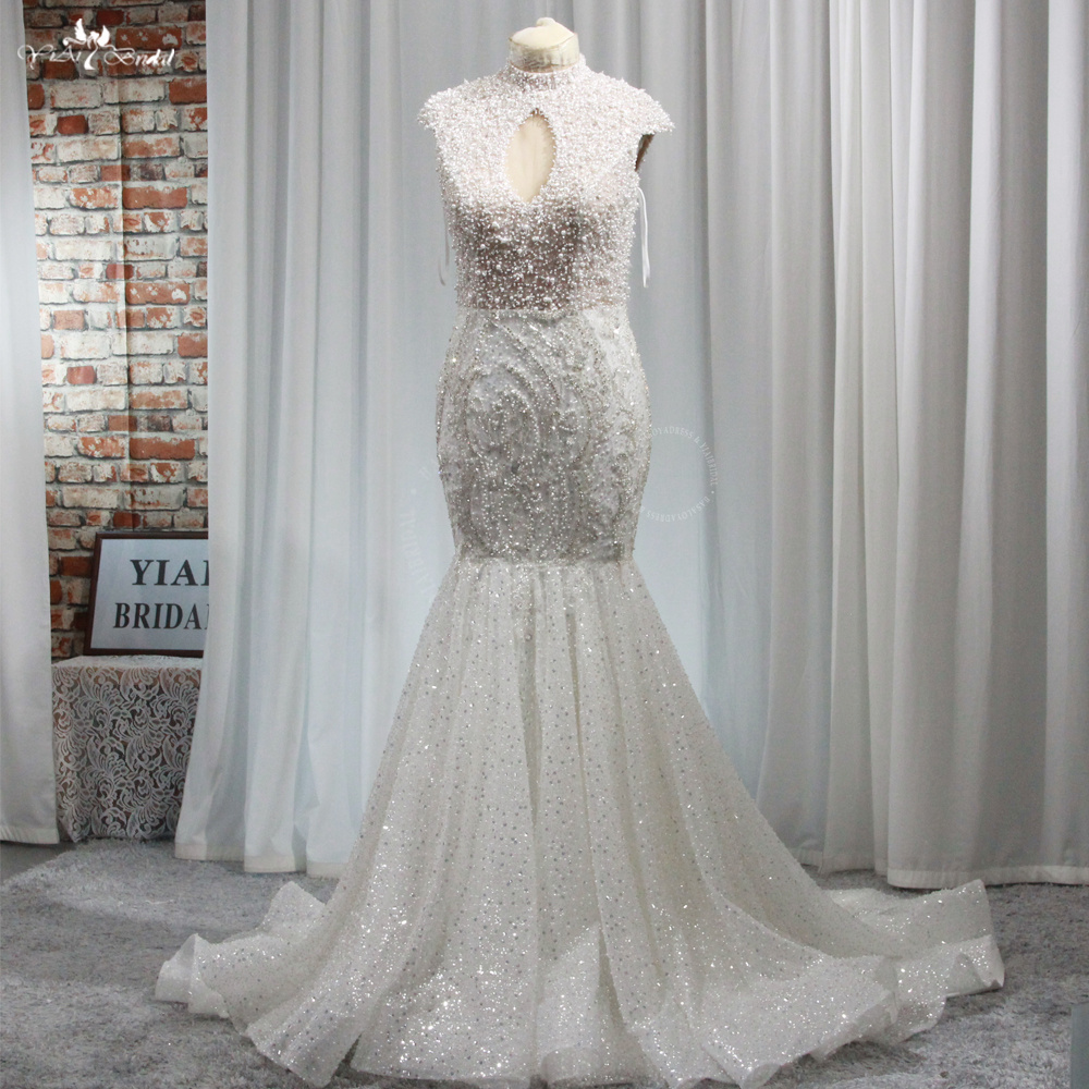 RSW1943 فاخر سباركلي كريستال اللؤلؤ فساتين لحضور الحفلات الموسيقية حورية البحر عالية العنق ثقب المفتاح المرأة العربية كوتور فستان الزفاف 6