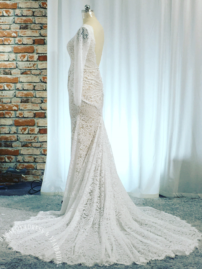 RSW1970 Esnek Dantel Uzun Kollu Bohem Gelinlik Açık Sırt 13