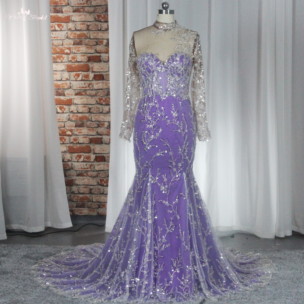 RSE946 Лилава вечерна рокля с дълги ръкави и дантелени клони с пайети 7